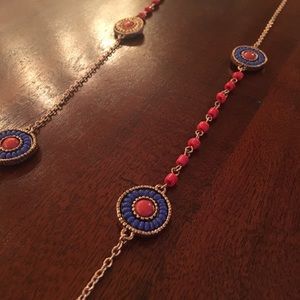 Light Red, Royal Blue & Gold Beaded long necklace